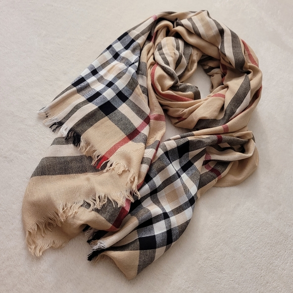 Gorgeous Viscose Classic Check Scarf Beige with Red and Black Plaid Wrap - Picture 6 of 13